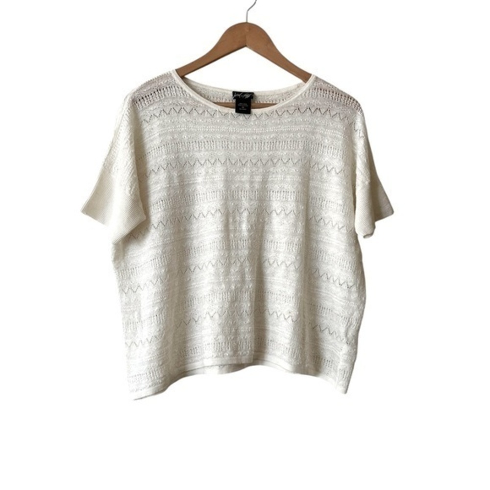 Lord and Taylor 100% Linen Pointelle Knit Short Dolman Sleeve Top, Ivory, M